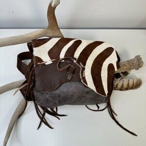 FPP Handmade Leather & Zebra Pattern Boho Crossbody Bag w/ Fringe & Crystal